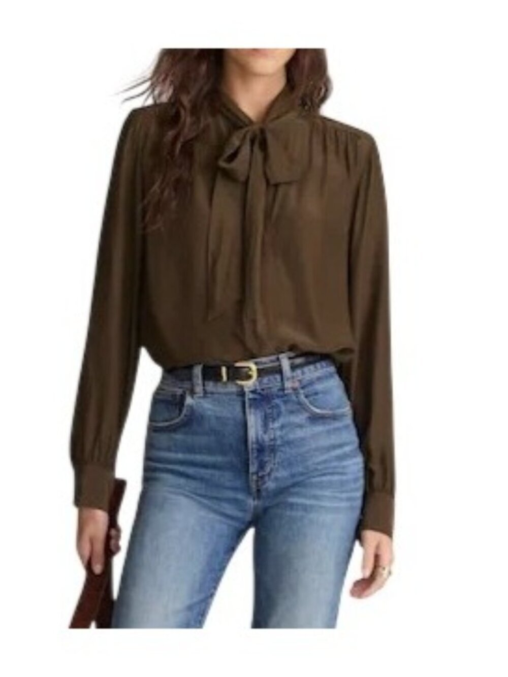 Madewell Tie-Neck Long-Sleeve Top~Size XXS~Dark Mocha Office Blouse NWT L17 04